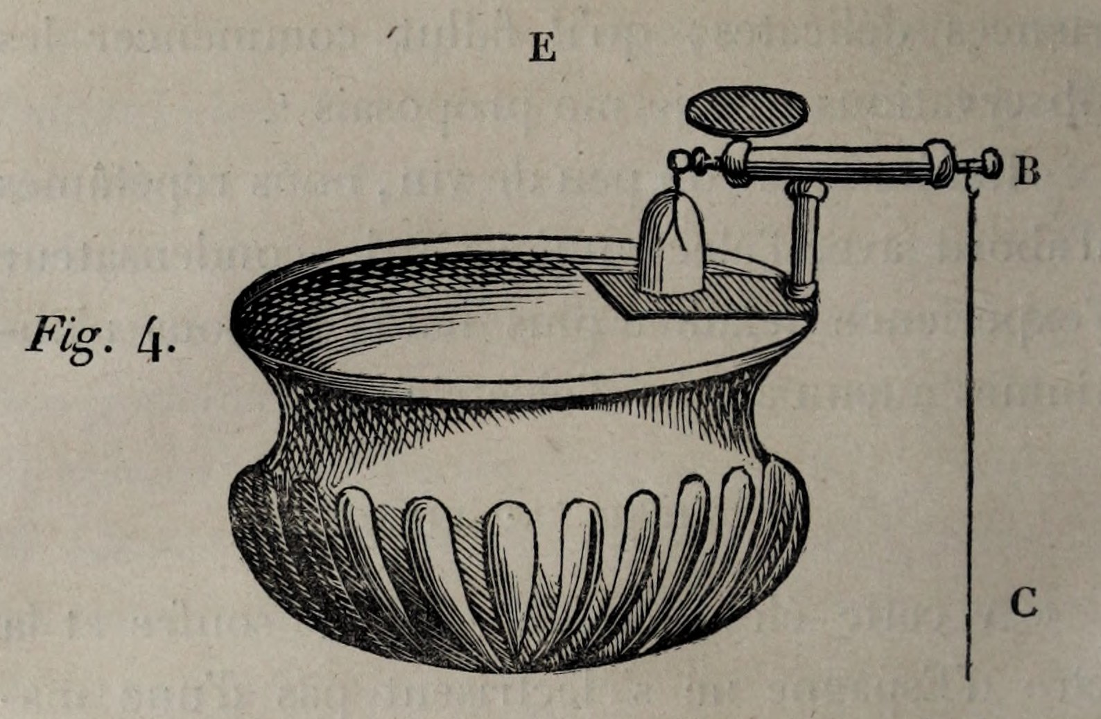 Figure 4. Suspended conducting thread C and electrometer E. Original drawing, Volume II, p.72.